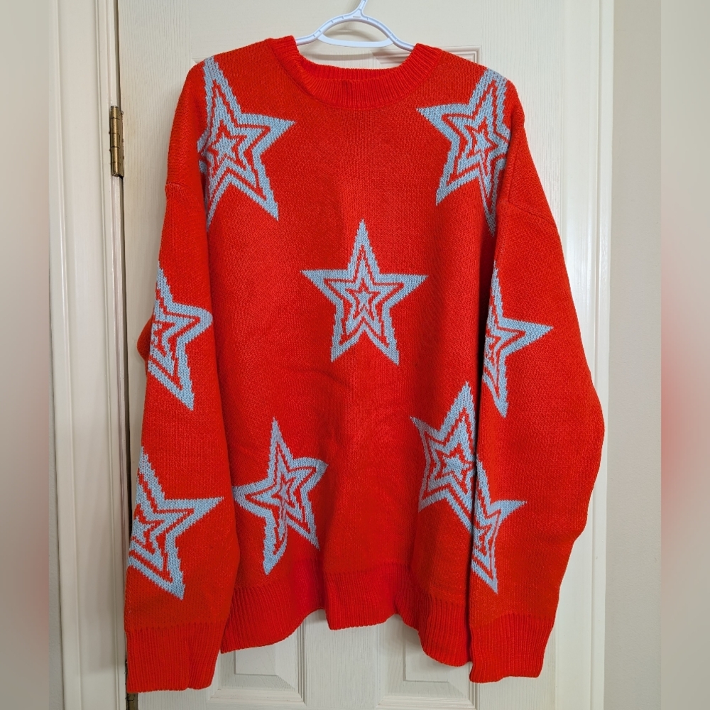Fashion Bright Orange Sweater W/ Turquoise Star Pattern